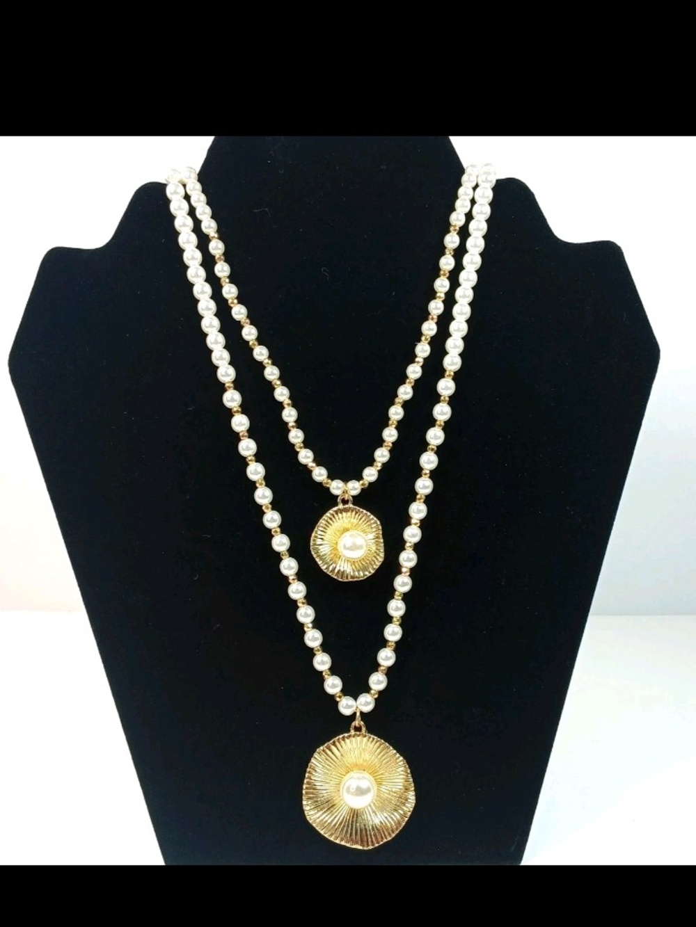 C1946 Faux Pearl Necklace Gold Tone Accents 20" Adjustable Vintage
